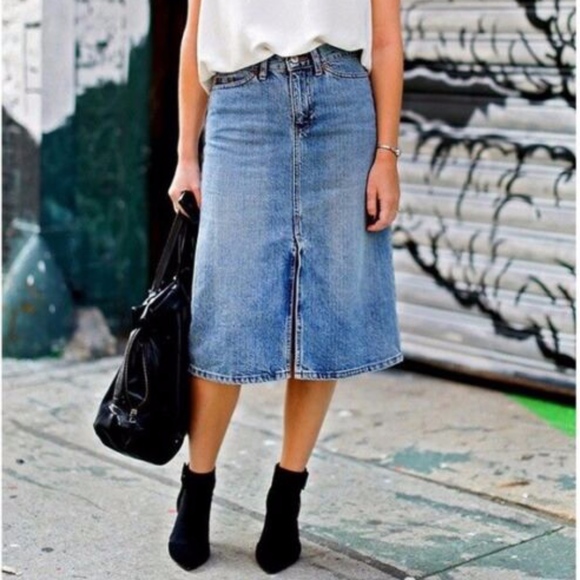 light blue denim midi skirt